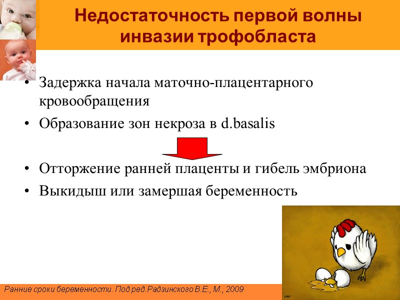 Недостаточность первой волны инвазии трофобласта Задержка начала маточно-плацентарного кровообращения Образование зон некроза в d.basalis
